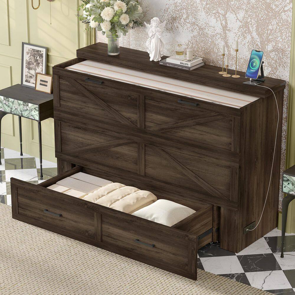 Rustic Gray Wood Frame Queen Farmhouse Murphy Bed with Charging Station, Foldable Cabinet Bed with Large Storage Drawer - thumbnail 10