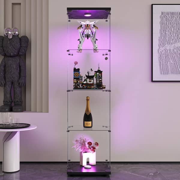 OLUMAT 4-Shelf Matte Black Pantry Organizers with 1-LED Light Glass Door