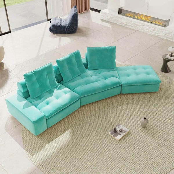 Magic Home Modern Oversized 162 in. Square Arm Deep Seat Velvet Cloud Couch Modular Sectional Sofa with Ottoman in Tiffany Blue