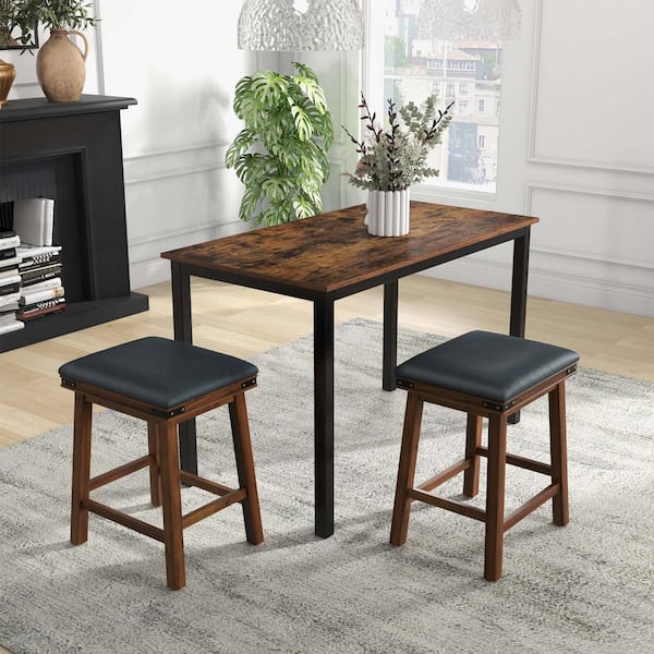 Costway 24 in. Brown Backless Wood Bar Stool Counter Stool with Faux Leather Seat (Set of 2)