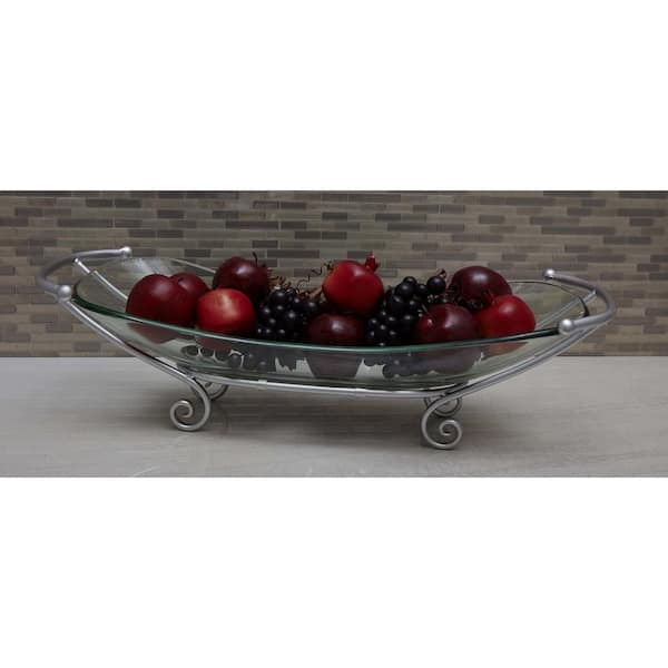 Litton Lane 7 in. x 28 in. Glass Bowl with Curled Iron Feet in Silver