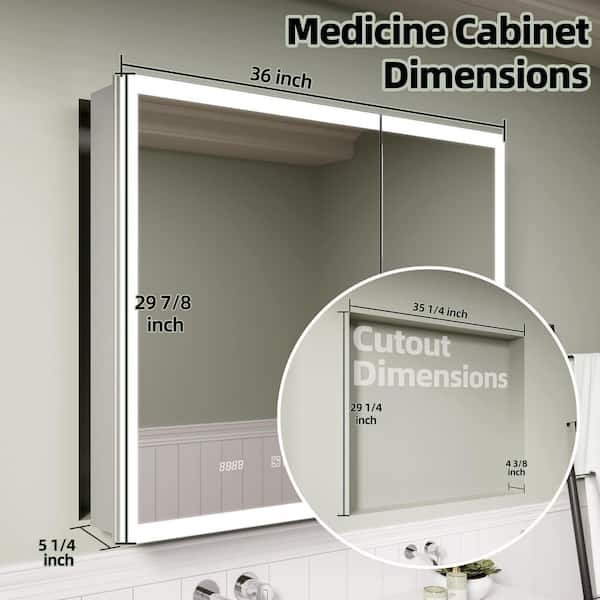 36 in. W x 30 in. H Rectangular Silver Aluminum Recessed/Surface Mount Lighted Medicine Cabinet with Mirror and Clock