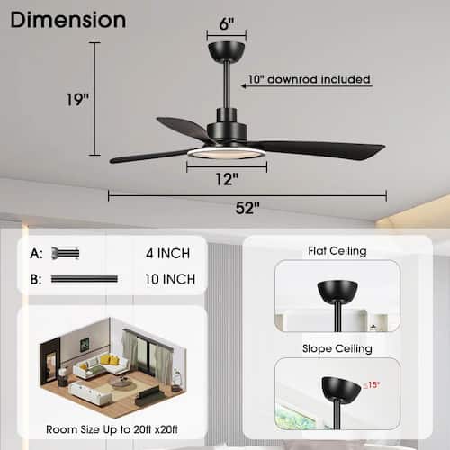 52 in. Modern Indoor Integrated LED Matte Black 3-Blade Ceiling Fan with Light, Reversible DC Motor and 6-speed Remote Lighting