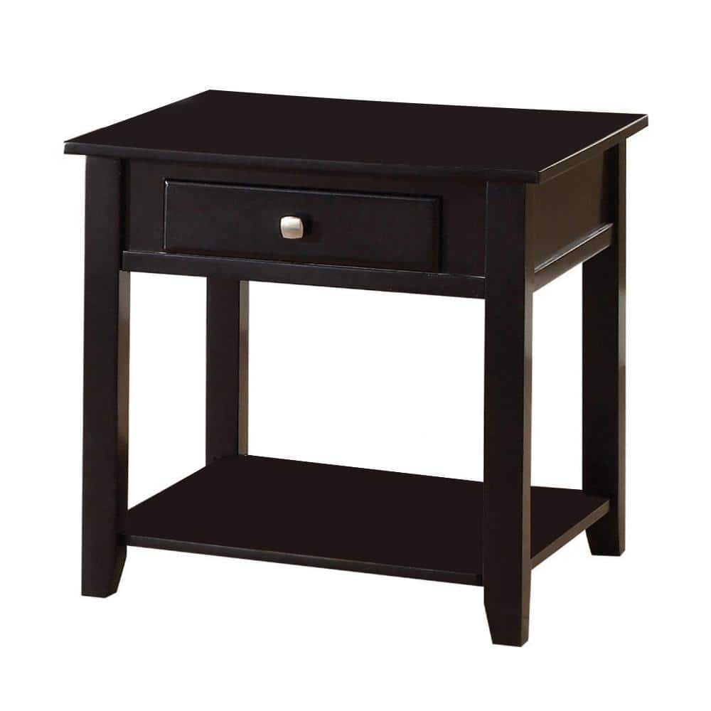 Black Wood Rectangular End Table with Drawer and Shelf