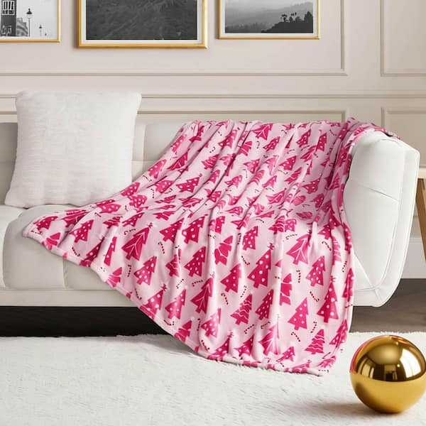 Snow Trees Pink Plush Microfiber Throw Blanket