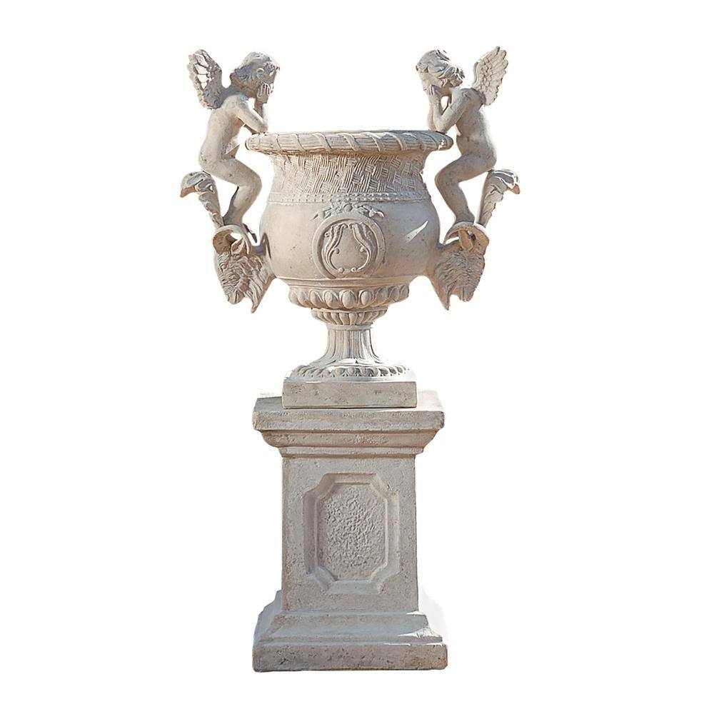 Design Toscano Versailles Cherub 66 in. H Antique Stone Fiberglass Garden Urn and Plinth Set, Beige Replicating the grand design of the court of Versailles, this stunning-piece is an artistic, grand-scale, architectural element. Fraught with exquisite detail from its pondering cherubs to the fluted columnar stand and stately plinth, it is just as breathtaking displayed alone as filled with your lush greenery. Cast in quality designer resin for-year-round display in home or garden, this over 4.50 ft. Tall, Design Toscano-exclusive masterpiece boasts an exquisite faux stone finish. Urn arrives in 3-pieces. Urn: 37 in. W x 22 in. D x 38 in. H, 76 lbs. Plinth: 20 in. W x 20 in. D x 27.50 in. H, 50 lbs. Color: Off-White.
