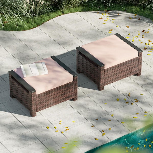2-Pieces Outdoor Ottoman PE Brown Wicker All-Weather Patio Ottomans with Sand Cushion