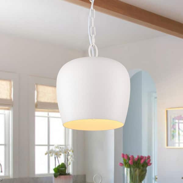 HUOKU Plano 1-Light Modern Kitchen Island 9.8 in. Dia Dome Bell Pendant Light White Round Hanging Light with Metal Shade