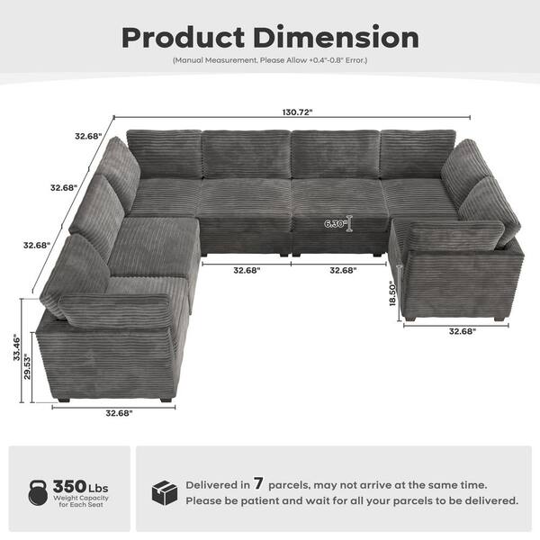 Allwex 130 in. Square Arm Modern 7-Piece Plush Corduroy U