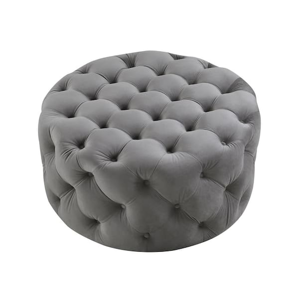 Inspired Home Drita Cocktail Table Ottoman Grey Velvet Tufted Allover Round Caster Leg