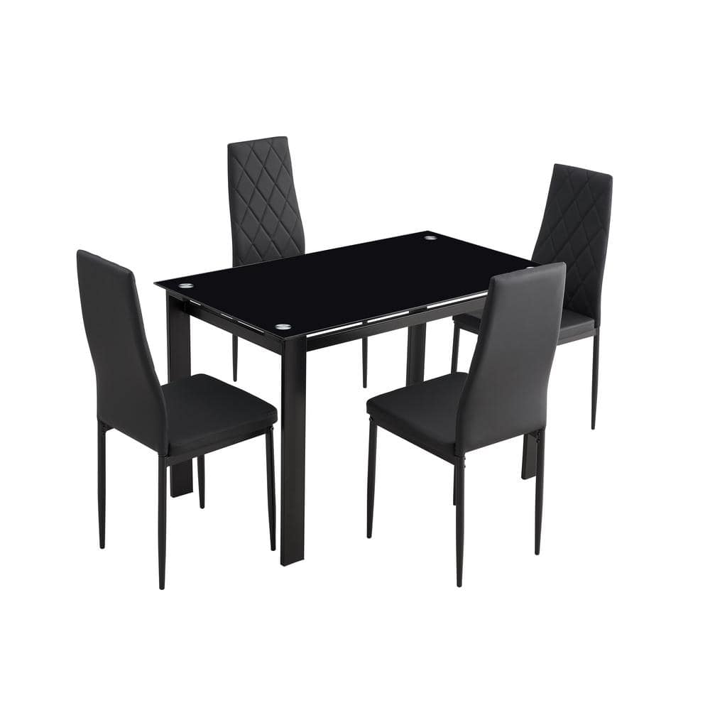 5 Piece Kitchen Tempered Glass Dining Table Set Black CUU241S00001