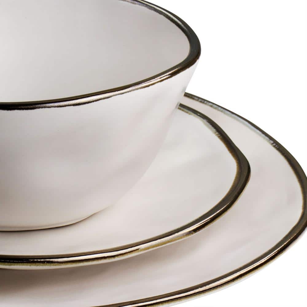 Matte White Ceramic 16-Piece Dinnerware Set with Gold Rim