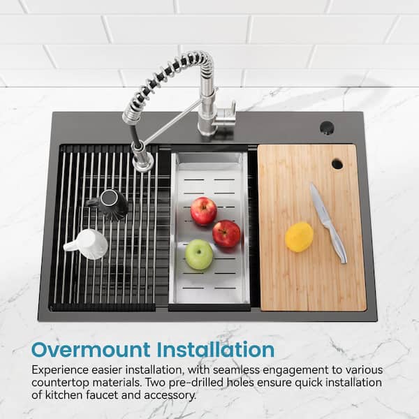 Steelux 30 in. x 22 in. Drop-In Single Bowl Stainless Steel Workstation Kitchen Sink in Black with Accessories