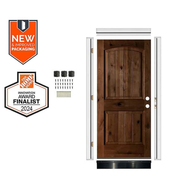 Krosswood Doors DIY 36 in. x 80 in. Knotty Alder 2Panel Left-Hand Arch VG Provincial Stain Wood Front Door Kit w/ Quick Assemble Jamb