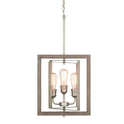 Palermo Grove 14 in. 3-Light Antique Nickel Farmhouse Pendant with Painted Weathered Gray Wood Accents