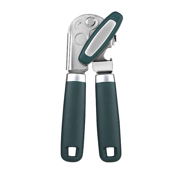 Hand Can Opener Kitchen Tool with Soft Grip Handle and Built In Bottle Opener for Home Camping Daily Food Prep in Green
