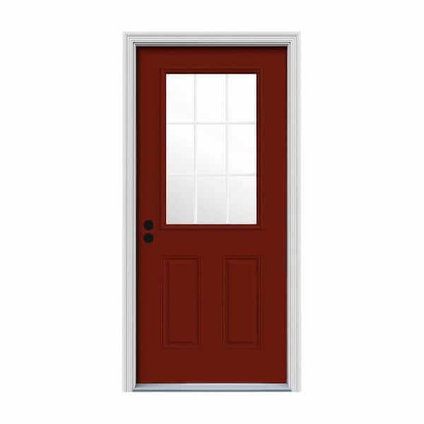 JELD-WEN 36 in. x 80 in. 9 Lite Mesa Red Painted Steel Prehung Right-Hand Inswing Entry Door w/Brickmould
