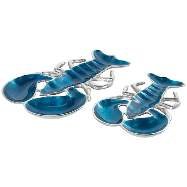 Litton Lane Blue Aluminum Metal Enameled Lobster Decorative Tray with Silver Metal Exterior (Set of 2)