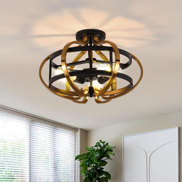 PAKOKULA 18.9 in. 3-Light Black and Gold Open Cage Shade Semi