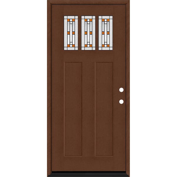 Regency 36 in. x 80 in. 3-Lite Amberton Decorative Glass LHIS Chestnut Stain Fir Grain Fiberglass Prehung Front Door