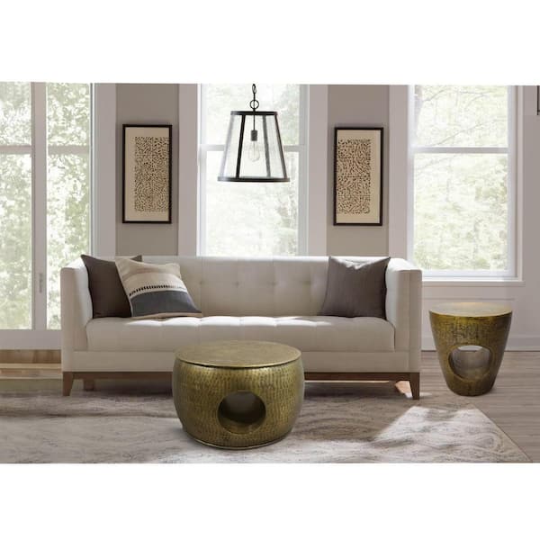 The Urban Port Nala 23 in. Antique Brass Low Round Drum Metal Coffee Table with Unique Hollow Center