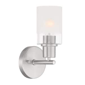 Cedar Lane 5 in. 1-Light Brushed Nickel Modern Wall Sconce with Clear and Etched Glass Shade