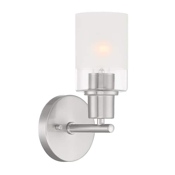 Designers Fountain Cedar Lane 5 in. 1-Light Brushed Nickel Modern Wall Sconce with Clear and Etched Glass Shade
