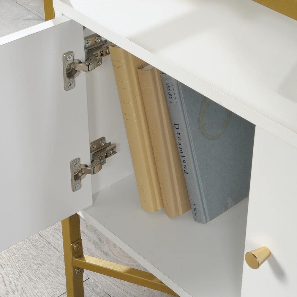 White and Gold Adjustable Bookcase with Doors