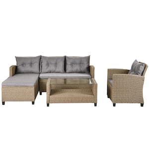 4-Piece Brown Wicker Patio Conversation Set with Gray Cushions