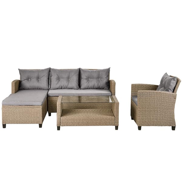 Tenleaf 4-Piece Brown Wicker Patio Conversation Set with Gray Cushions