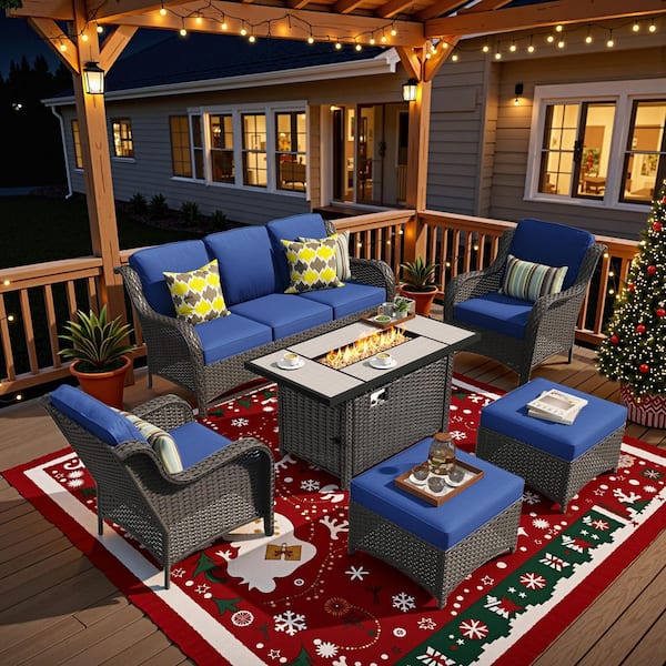 Clario 6-Piece Wicker Patio Furniture Conversation Seating Set with Fire Pit, Navy Blue Cushions for All-Weather