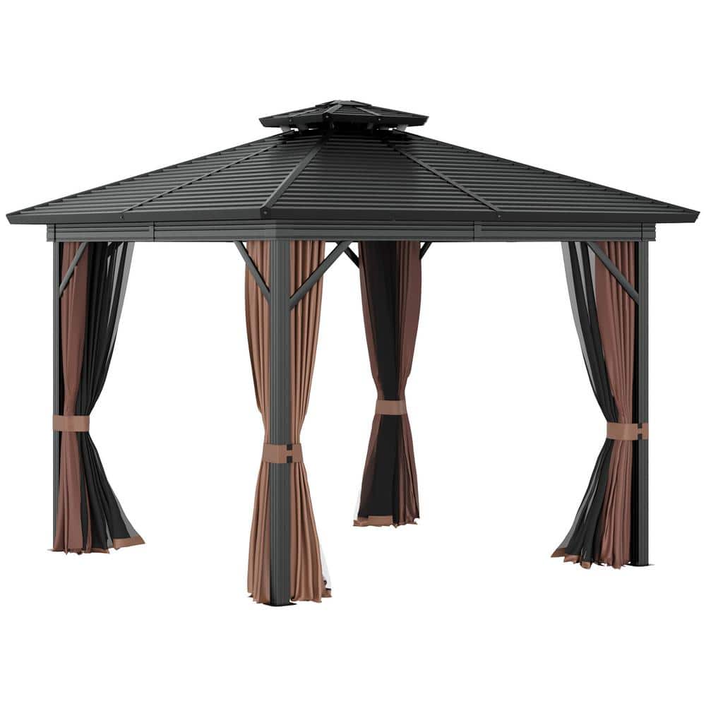 10' x 10' Dark Brown Metal Hardtop Gazebo with Mesh Sidewalls