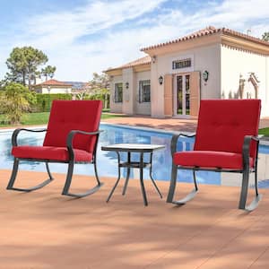 3-Piece Patio Bistro Set Steel Frame Rocking Chair With Sponge Red Cushions and Tempered glass table