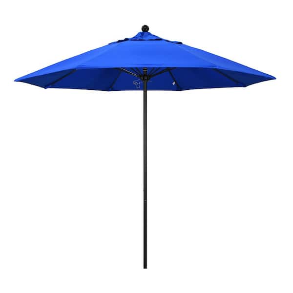 California Umbrella 9 ft. Black Aluminum Commercial Market Patio Umbrella with Fiberglass Ribs and Push Lift in Pacific Blue Sunbrella