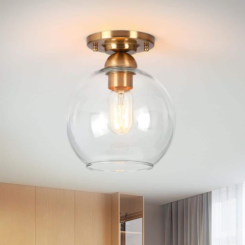 Modern 7.87 in. 1-Light Antique Gold Semi-Flush Mount with Clear Globe Glass Shade and No Bulbs Included price history on PriceWatchPro