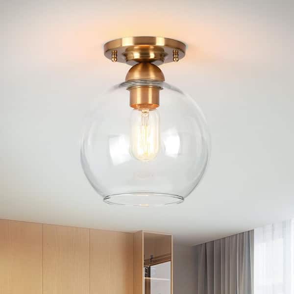 Modern 7.87 in. 1-Light Antique Gold Semi-Flush Mount with Clear Globe Glass Shade and No Bulbs Included