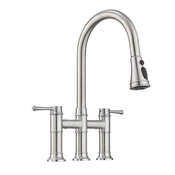 Double Handle Pull Down Sprayer Kitchen Faucet in Brushed Nickel
