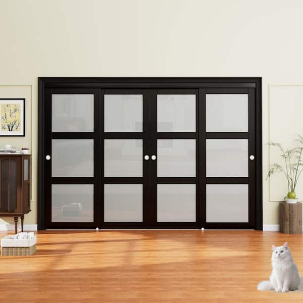 120 in. x 80 in. 3-Lite Black Tempered Frosted Glass Closet Sliding Door with Hardware