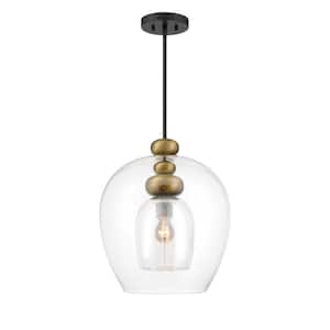 Amesbury 100-Watt 1-Light Black and Aged Brass Shaded Pendant Light with Smoked Glass Shade and No Bulbs Included