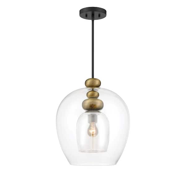 Metropolitan Amesbury 100-Watt 1-Light Black and Aged Brass Shaded Pendant Light with Smoked Glass Shade and No Bulbs Included