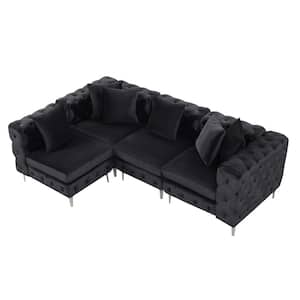 Tufted Modular Couch 122" Velvet 3 Seat Sectional Sofa L Shaped for Living Room with Metal Leg in. Black
