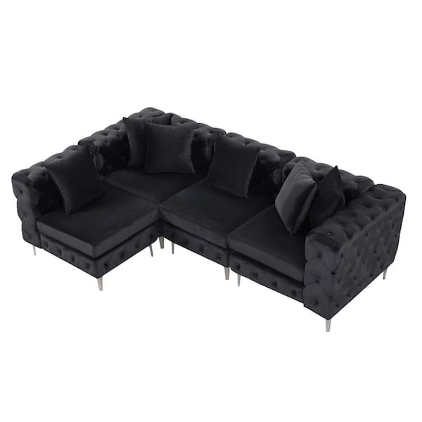 Morden Fort Tufted Modular Couch 122" Velvet 3 Seat Sectional Sofa L Shaped for Living Room with Metal Leg in. Black