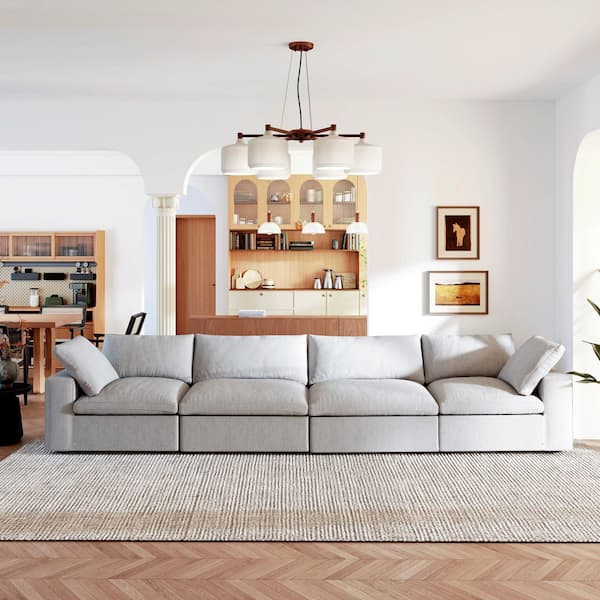 Down Filled 157 in. Square Arm Linen 4-piece Large Modular Sectional Sofa Modern Convertible Sofa Cloud Couch in Gray