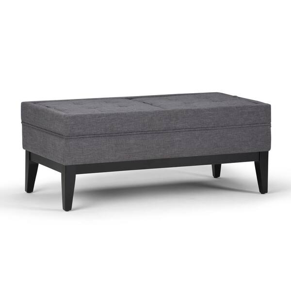 Simpli Home Castlerock 42 in. Transitional Ottoman Bench in Slate Grey Linen Look Fabric