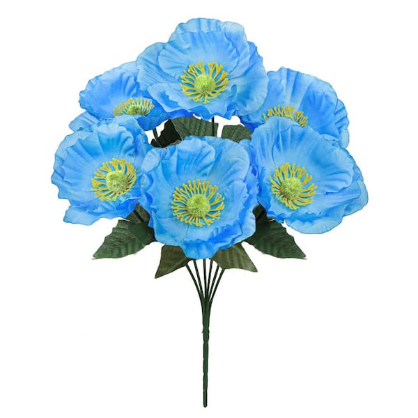 LIVING LUXURY 14 in. Blue Artificial Poppy Flower Stem Bush Bouquet (Set of 12)