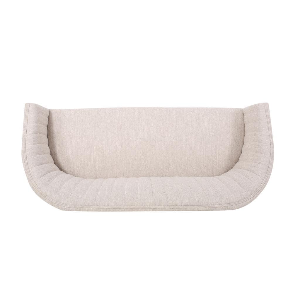 Mid-Century Beige Fabric Loveseat with Channel Stitching and Wood Frame