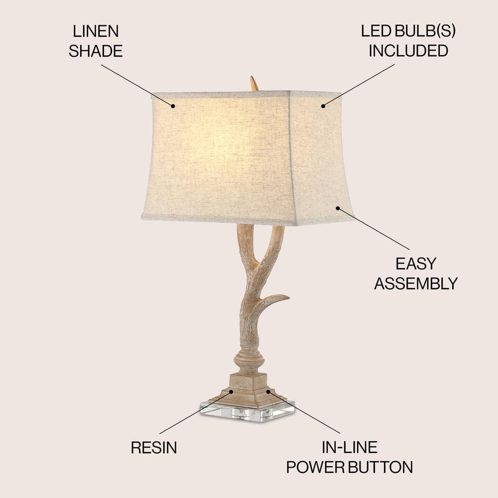Beige Faux Antler Resin Table Lamp with Linen Shade