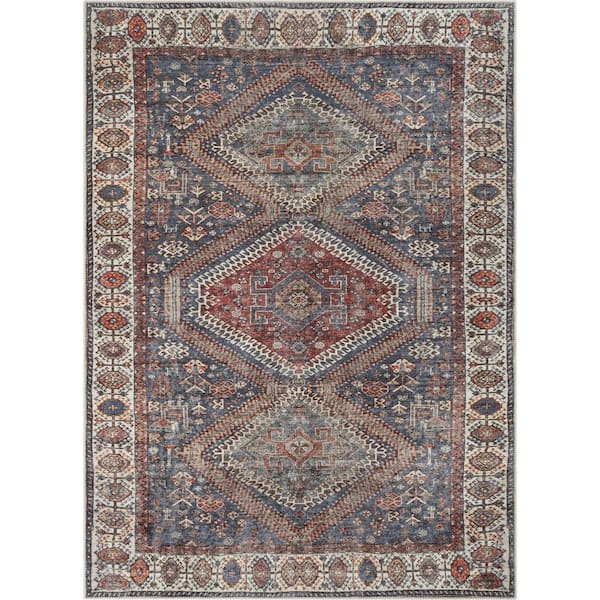 Lotus Ripon Blue Red Vintage Medallion Botanical Border 5 ft. 3 in. x 7 ft. 3 in. Machine Washable Area Rug