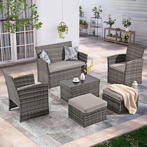 JUSKYS Mixed-Gray 6-Piece PE Rattan Wicker Outdoor Bistro Set with Washed Gray Cushions