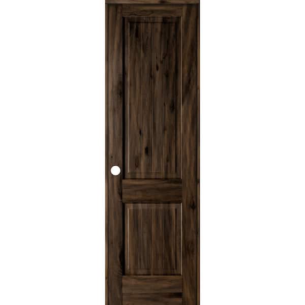 Krosswood Doors 28 in. x 96 in. Knotty Alder 2 Panel Right-Hand Square Top V-Groove Black Stain Solid Wood Single Prehung Interior Door